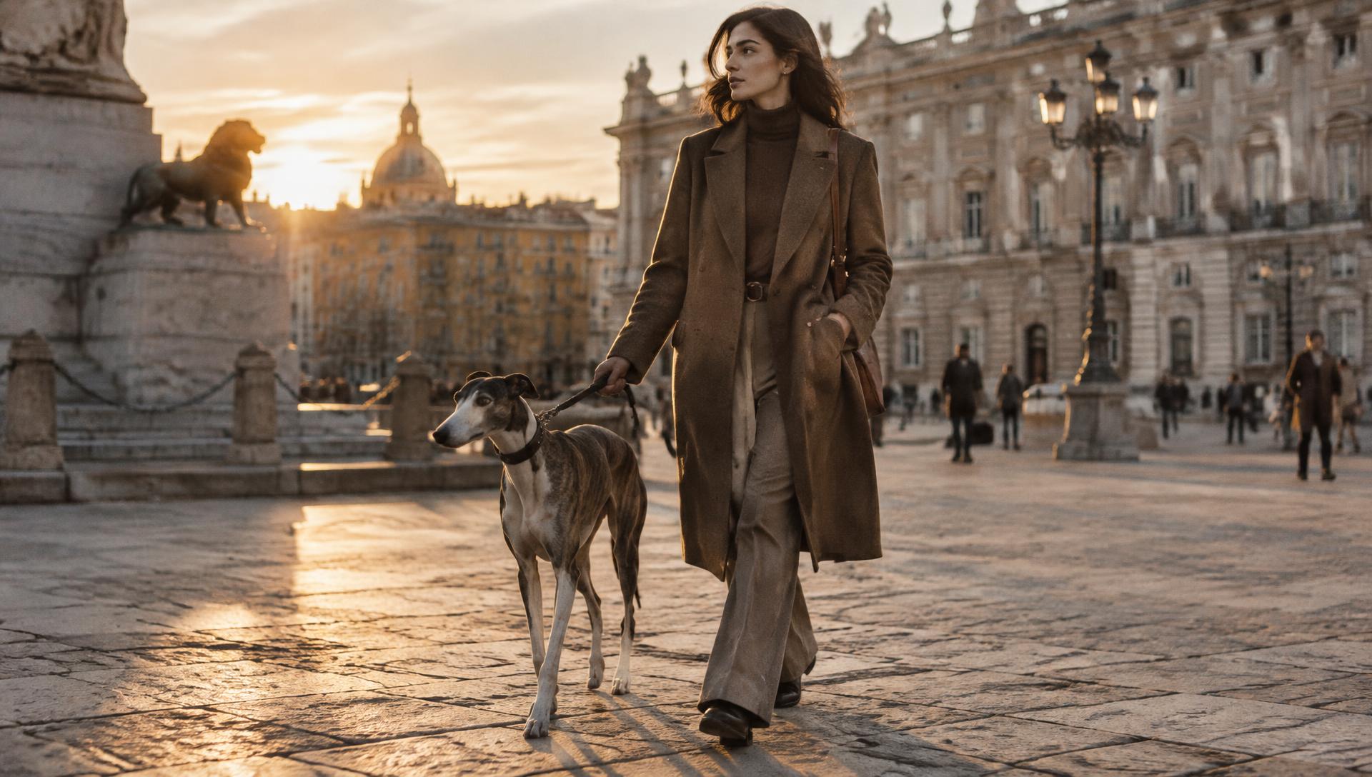 A woman walking a greyhound across a Madrid plaza at golden hour
